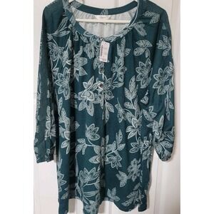 CJ Banks Shirt Ladies 3x Green Floral 3/4 Sleeve 40% Modal Nice!! Lined New